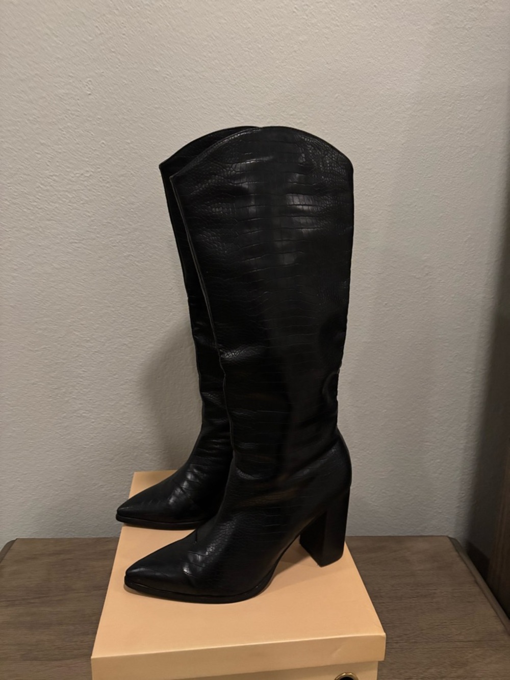 Bellini Black Faux-Croc Knee-High Pointed Toe Boots